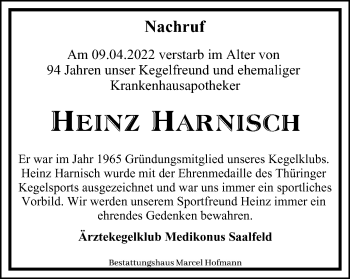 Traueranzeige von Heinz Harnisch von Ostthüringer Zeitung