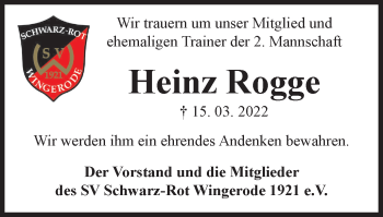 Traueranzeige von Heinz Rogge von Thüringer Allgemeine
