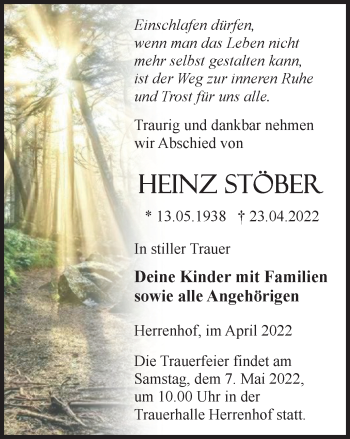 Traueranzeige von Heinz Stöber von Thüringer Allgemeine, Thüringische Landeszeitung