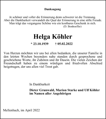 Traueranzeige von Helga Köhler von Ostthüringer Zeitung