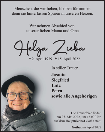 Traueranzeige von Helga Zieba von Thüringer Allgemeine, Thüringische Landeszeitung