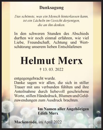 Traueranzeige von Helmut Merx von Thüringer Allgemeine