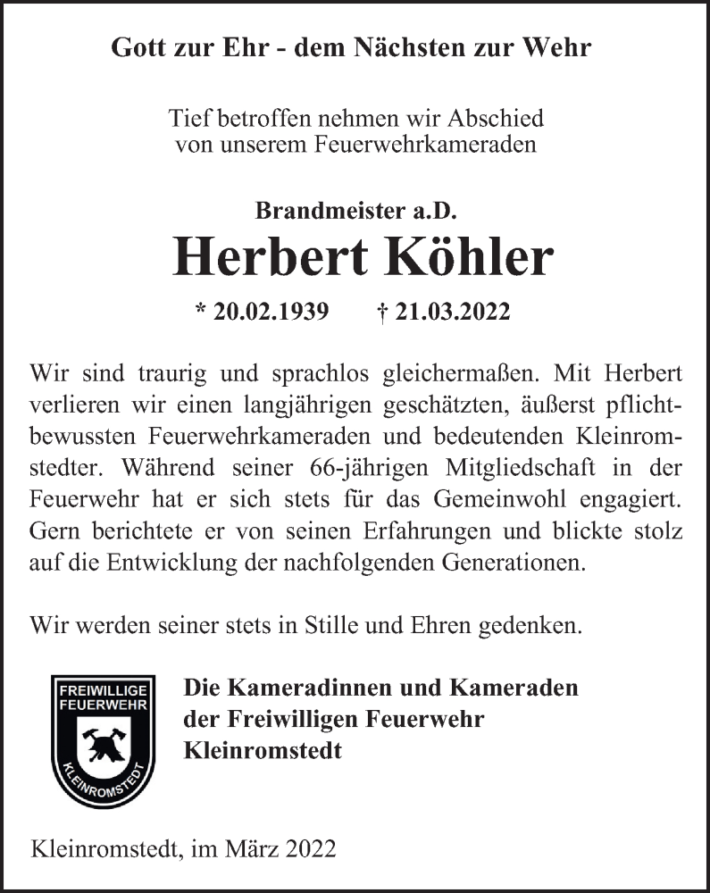  Traueranzeige für Herbert Köhler vom 02.04.2022 aus Thüringer Allgemeine, Thüringische Landeszeitung