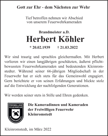 Traueranzeige von Herbert Köhler von Thüringer Allgemeine, Thüringische Landeszeitung