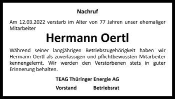 Traueranzeige von Hermann Oertl von Thüringer Allgemeine, Thüringische Landeszeitung