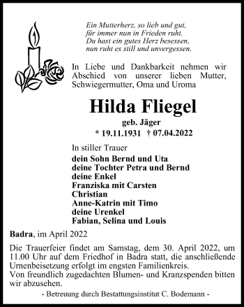 Traueranzeige von Hilda Fliegel