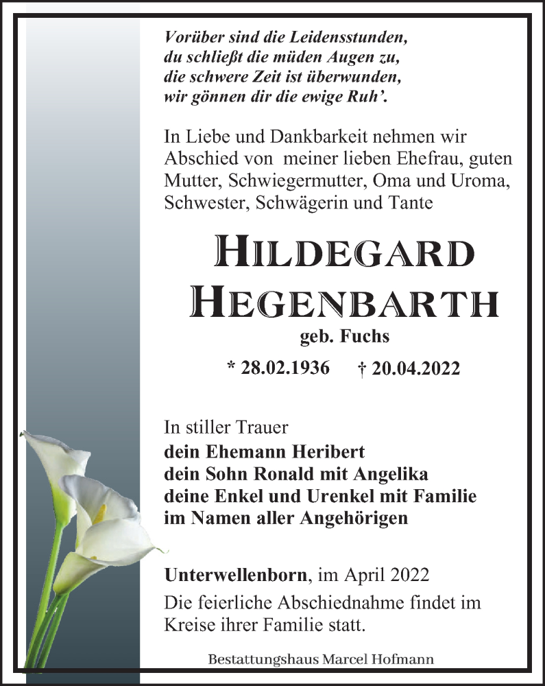  Traueranzeige für Hildegard Hegenbarth vom 30.04.2022 aus Ostthüringer Zeitung