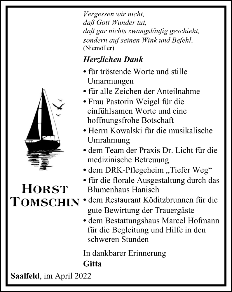  Traueranzeige für Horst Tomschin vom 09.04.2022 aus Ostthüringer Zeitung