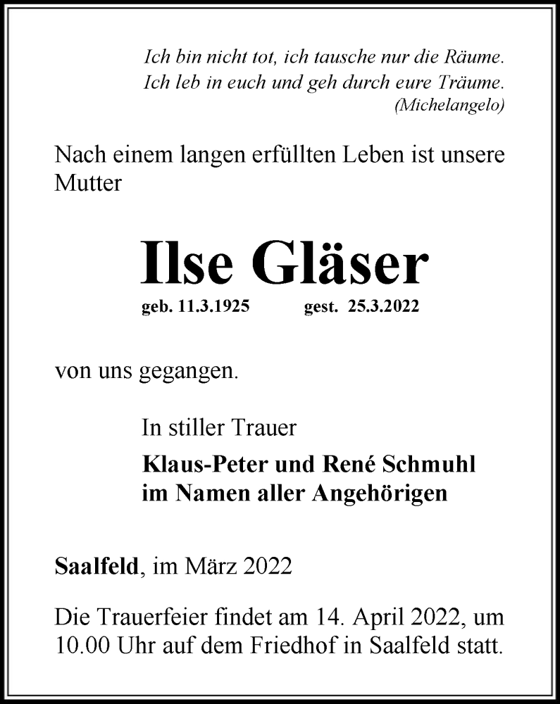  Traueranzeige für Ilse Gläser vom 09.04.2022 aus Ostthüringer Zeitung
