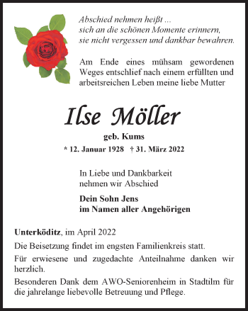 Traueranzeige von Ilse Möller von Ostthüringer Zeitung
