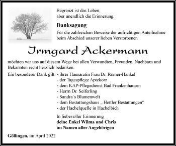 Traueranzeige von Irmgard Ackermann von Thüringer Allgemeine