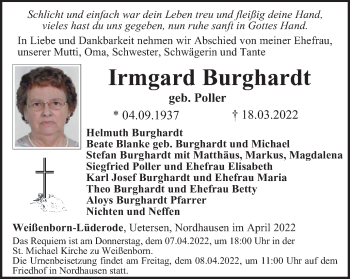 Traueranzeige von Irmgard Burghardt von Thüringer Allgemeine