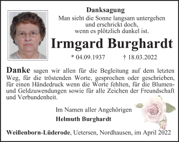 Traueranzeige von Irmgard Burghardt von Thüringer Allgemeine