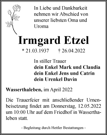 Traueranzeige von Irmgard Etzel von Thüringer Allgemeine