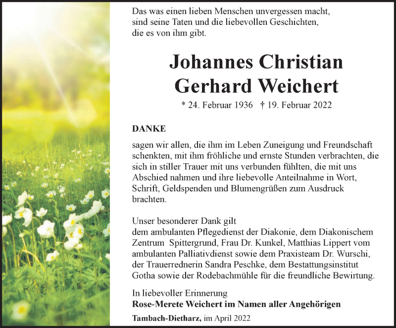  Traueranzeige für Johannes Christian Gerhard Weichert vom 23.04.2022 aus Thüringer Allgemeine, Thüringische Landeszeitung