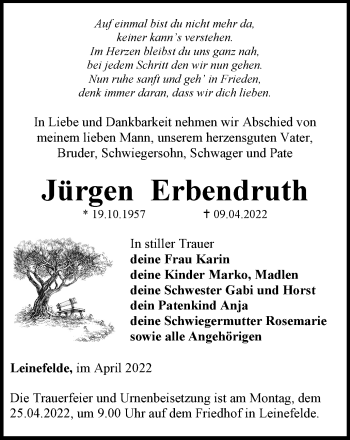 Traueranzeige von Jürgen Erbendruth von Thüringer Allgemeine