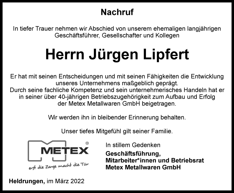  Traueranzeige für Jürgen Lipfert vom 02.04.2022 aus Thüringer Allgemeine