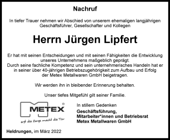 Traueranzeige von Jürgen Lipfert von Thüringer Allgemeine