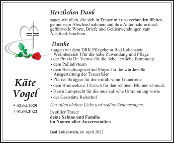 Traueranzeige von Käte Vogel von Ostthüringer Zeitung