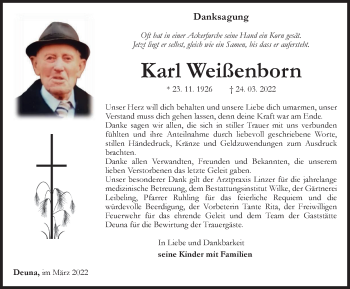 Traueranzeige von Karl Weißenborn von Thüringer Allgemeine