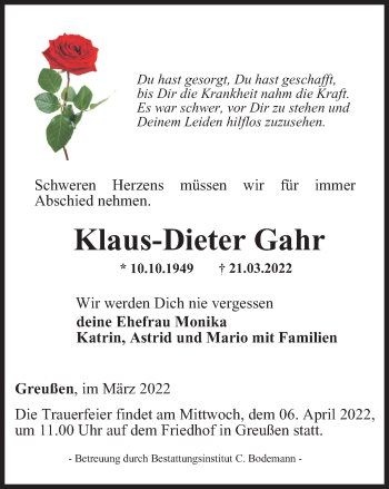 Traueranzeige von Klaus-Dieter Gahr von Thüringer Allgemeine