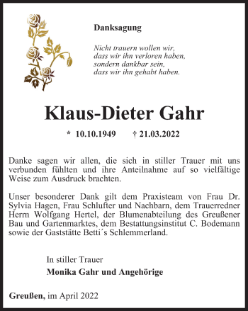 Traueranzeige von Klaus-Dieter Gahr von Thüringer Allgemeine