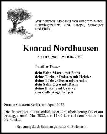 Traueranzeige von Konrad Nordhausen