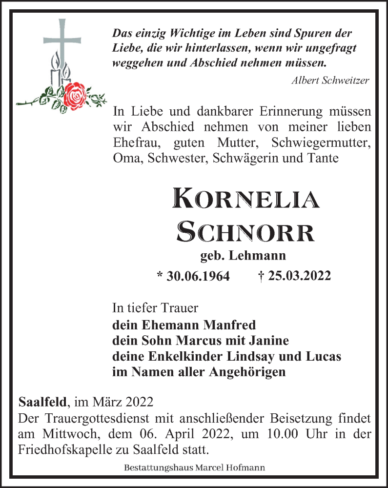  Traueranzeige für Kornelia Schnorr vom 02.04.2022 aus Ostthüringer Zeitung