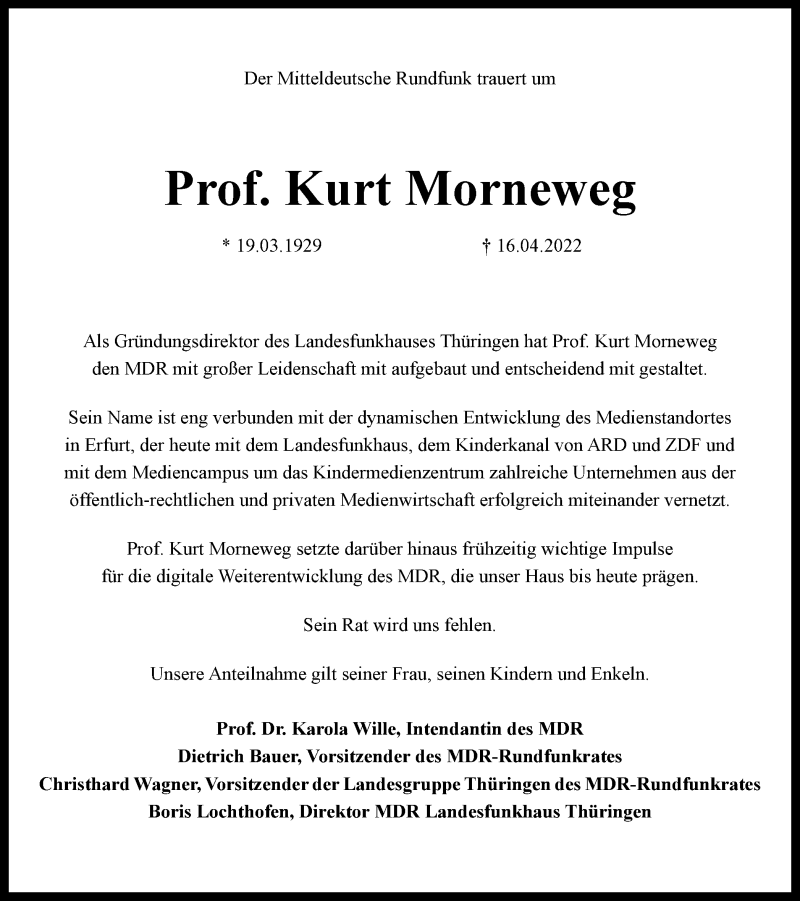  Traueranzeige für Kurt Morneweg vom 22.04.2022 aus Thüringer Allgemeine, Thüringische Landeszeitung, Ostthüringer Zeitung