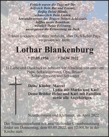 Traueranzeige von Lothar Blankenburg von Thüringer Allgemeine, Thüringische Landeszeitung