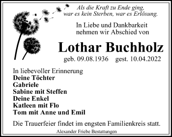 Traueranzeige von Lothar Buchholz von Thüringer Allgemeine, Thüringische Landeszeitung