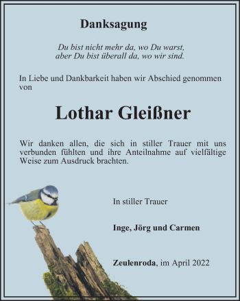 Traueranzeige von Lothar Gleißner von Ostthüringer Zeitung