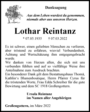 Traueranzeige von Lothar Reintanz von Thüringer Allgemeine, Thüringische Landeszeitung