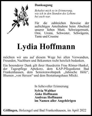 Traueranzeige von Lydia Hoffmann von Thüringer Allgemeine