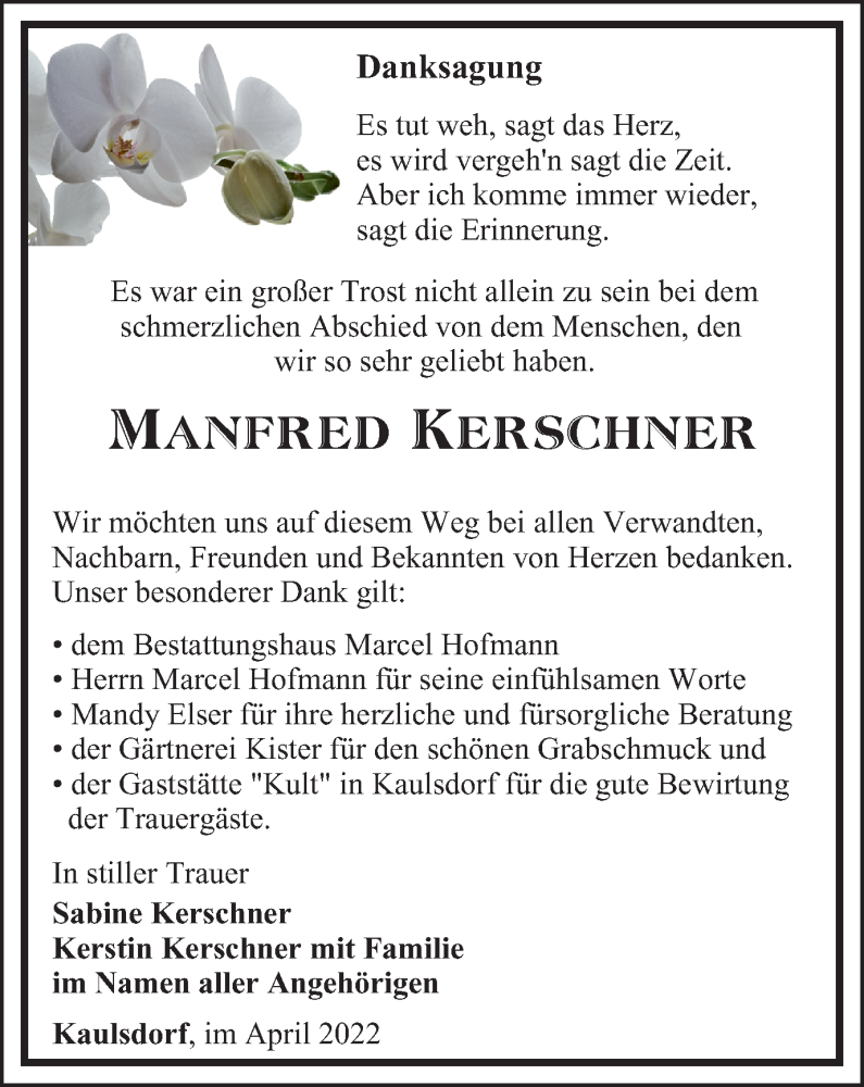  Traueranzeige für Manfred Kerschner vom 09.04.2022 aus Ostthüringer Zeitung