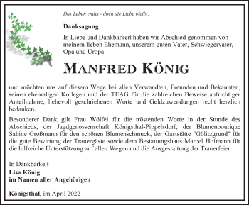 Traueranzeige von Manfred König von Ostthüringer Zeitung