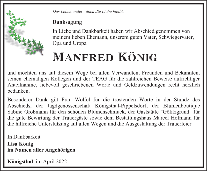  Traueranzeige für Manfred König vom 09.04.2022 aus Ostthüringer Zeitung