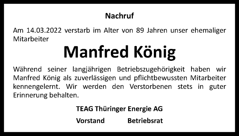  Traueranzeige für Manfred König vom 02.04.2022 aus Ostthüringer Zeitung