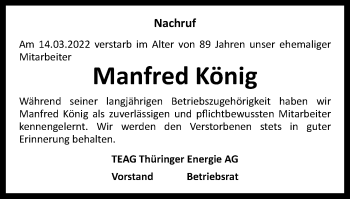 Traueranzeige von Manfred König von Ostthüringer Zeitung