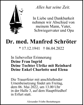 Traueranzeige von Manfred Schröter von Thüringer Allgemeine, Thüringische Landeszeitung
