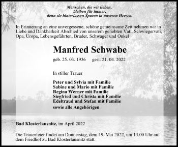 Traueranzeige von Manfred Schwabe von Ostthüringer Zeitung