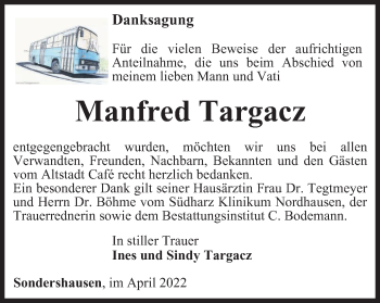 Traueranzeige von Manfred Targacz