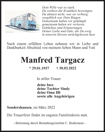 Traueranzeige von Manfred Targacz