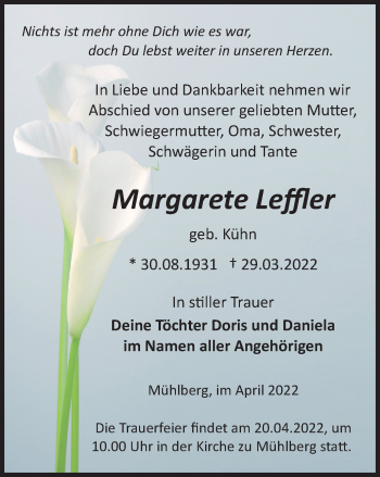 Traueranzeige von Margarete Leffler von Thüringer Allgemeine, Thüringische Landeszeitung