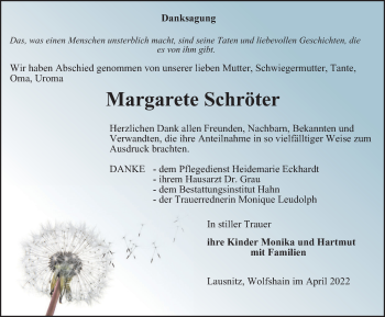 Traueranzeige von Margarete Schröter