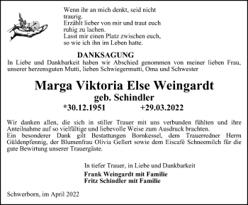 Traueranzeige von Marga Viktoria Else Weingardt von Thüringer Allgemeine, Thüringische Landeszeitung