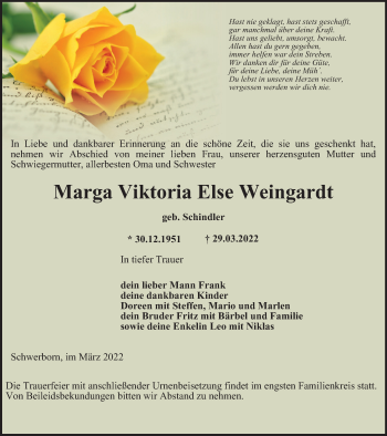 Traueranzeige von Marga Viktoria Else Weingardt von Thüringer Allgemeine, Thüringische Landeszeitung