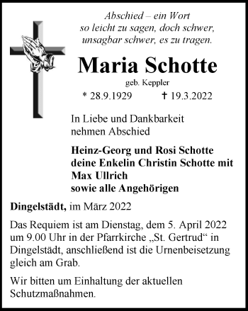 Traueranzeige von Maria Schotte von Thüringer Allgemeine