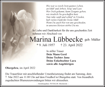 Traueranzeige von Marina Lübbecke von Thüringer Allgemeine