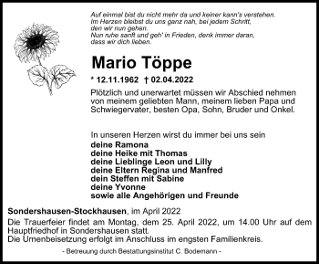 Traueranzeige von Mario Töppe